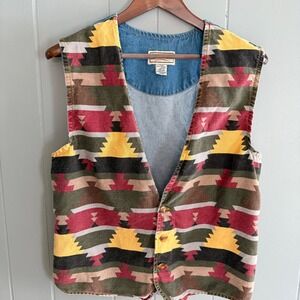 Vtg Arizona Jean Cotton Vest Mens Small Unisex Southwestern Print Denim Back.
